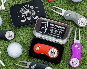 personalisierter Golfball Marker | Pitchgabel | Vatertagsgeschenk für Golfer | Geschenk Papa Platzreife | Golfballmarker und Divottool