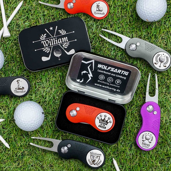 personalisierter Golfball Marker | Pitchgabel | Vatertagsgeschenk für Golfer | Geschenk Papa Platzreife | Golfballmarker und Divottool