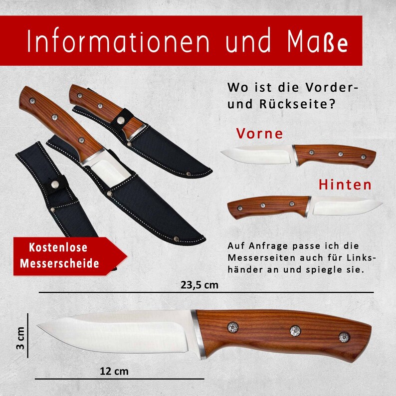 Übersichtliches Informationsbild, das Vorder- und Rückseite des Jagdmessers von WOLFSARTIG zeigt, inklusive Angaben zu Größe und Gewicht. Als Bonus wird eine Messerscheide kostenlos zum Messer mitgeliefert.