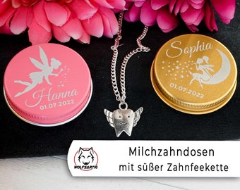 Milchzahndose mit Zahnfeekette | Geschenk von der Zahnfee | Zahndose Mädchen | Geschenk zur Geburt | Wackelzahn