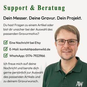 ADAM WILD Support & Beratung – persönliche Hilfe bei Gravurwunsch und Motivauswahl für personalisierte Messer