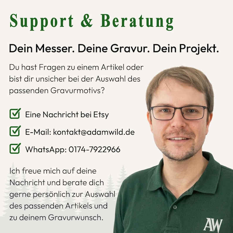 ADAM WILD Support & Beratung – persönliche Hilfe bei Gravurwunsch und Motivauswahl für personalisierte Messer