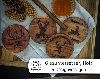 Jäger Geschenk personalisiert | Förster | Untersetzer | Jagd | Hirschgeweih | Männer Geschenk  | Jagdschein | Akazienholz