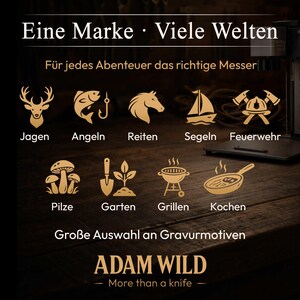 ADAM WILD gravierte Messer als Geschenk für Jäger, Angler, Griller, Köche – große Auswahl an personalisierten Gravurmotiven