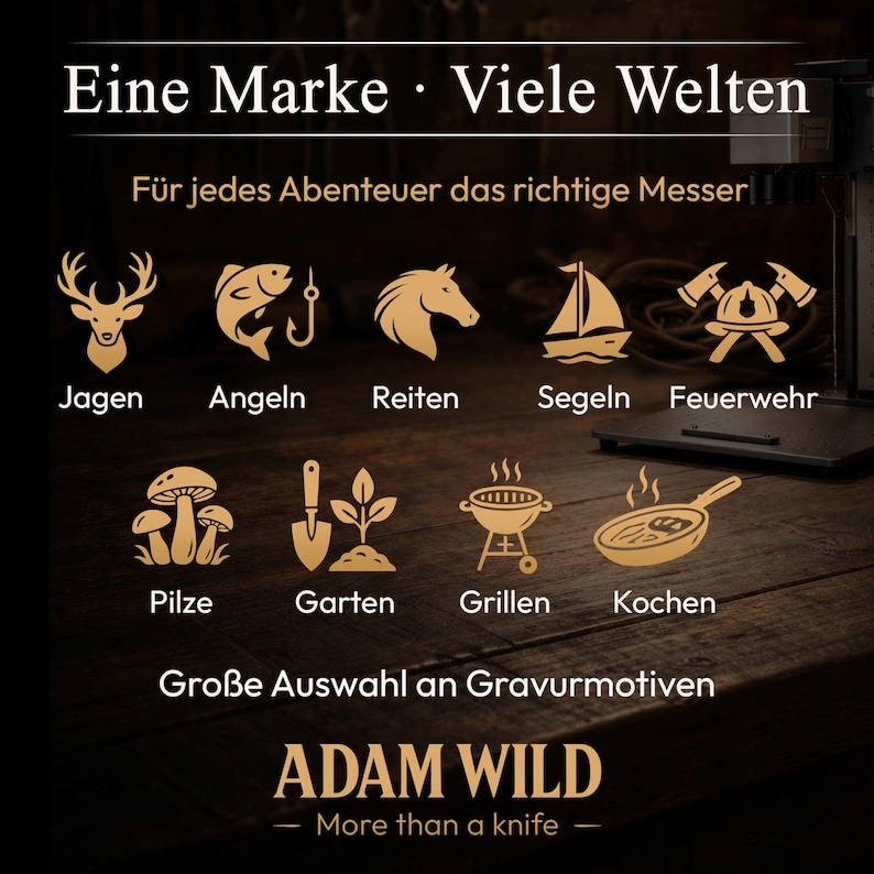 ADAM WILD gravierte Messer als Geschenk für Jäger, Angler, Griller, Köche – große Auswahl an personalisierten Gravurmotiven