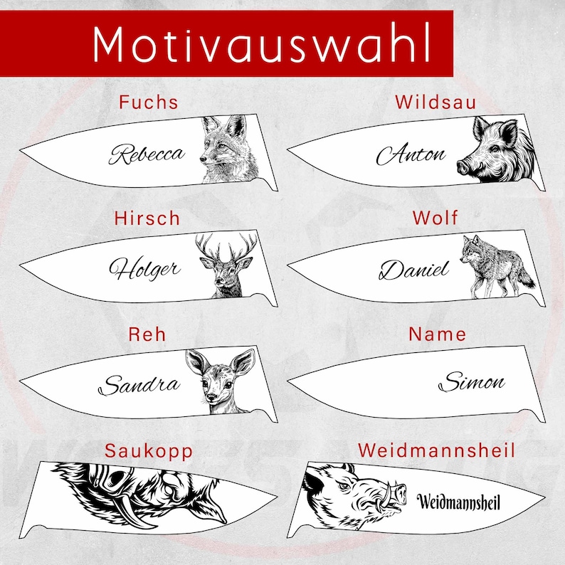 Motivauswahl für ein Jagdmesser mit Gravur. Zur Auswahl stehen ein Fuchs, eine Wildsau, ein Hirsch, ein Wolf, ein Reh oder eine Namensgravur.