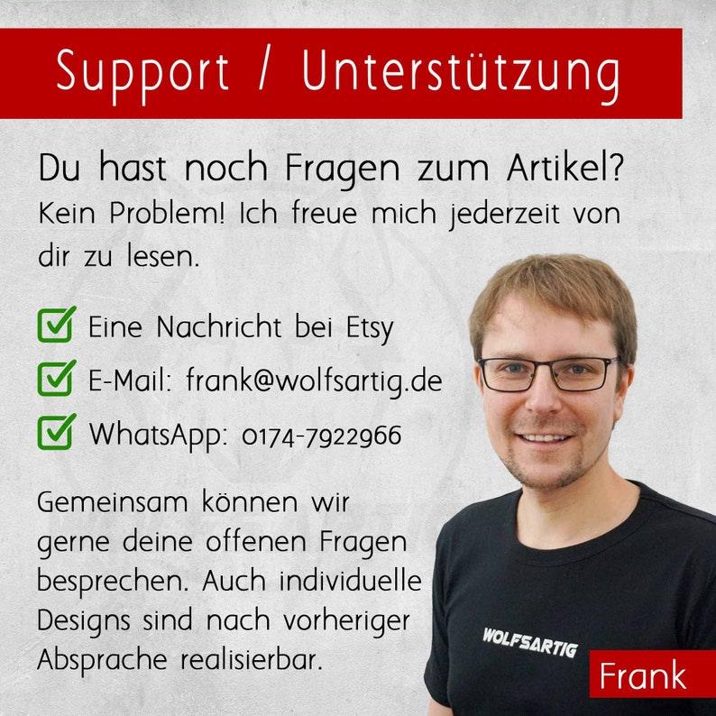 Kontaktdaten von Frank, dem Gründer von WOLFSARTIG, neben einem Porträtbild von ihm.
