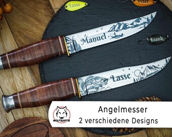 Geschenk Angler | personalisiertes Messer mit Angelmotiven | Geschenkidee Angeln | Campingmesser | Messer Gravur