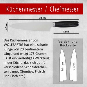 Eine Beschreibung von einem personalisiertem Küchenmesser von WOLFSARRTIG. Es ist beschreiben wie groß das Messer ist und wo sich die Vorder- und Rückseite befindet.