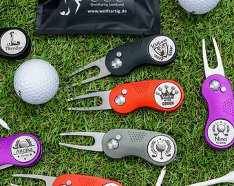 Pitchgabel & Golfball Marker mit Gravur | Geschenk zum Vatertag | Golf Geschenk für Frauen Männer | personalisiertes Golfwerkzeug