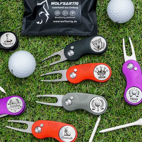 Pitchgabel & Golfball Marker mit Gravur | Geschenk zum Vatertag | Golf Geschenk für Frauen Männer | personalisiertes Golfwerkzeug