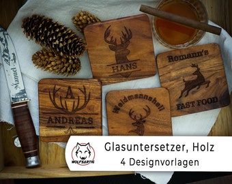 Untersetzer | Jagdmotiv | Förster Geschenk personalisiert | Treibjagd | Hirschgeweih | Männer Geschenk | Jagdschein | Akazienholz | Jäger