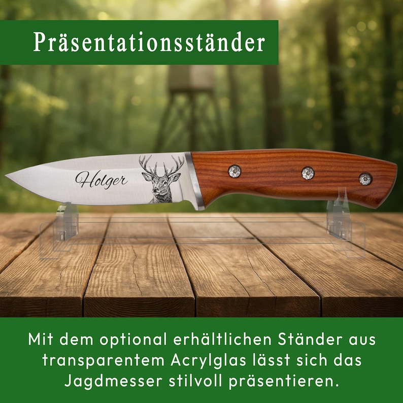 Personalisiertes Jagdmesser mit Hirsch-Gravur auf Acrylglas-Präsentationsständer – graviertes Geschenk für Jäger