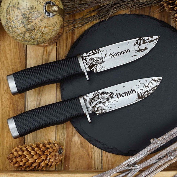 Geschenk Angler | personalisiertes Messer mit Angelmotiven | Vatertagsgeschenk Mann | Messer mit Gravur