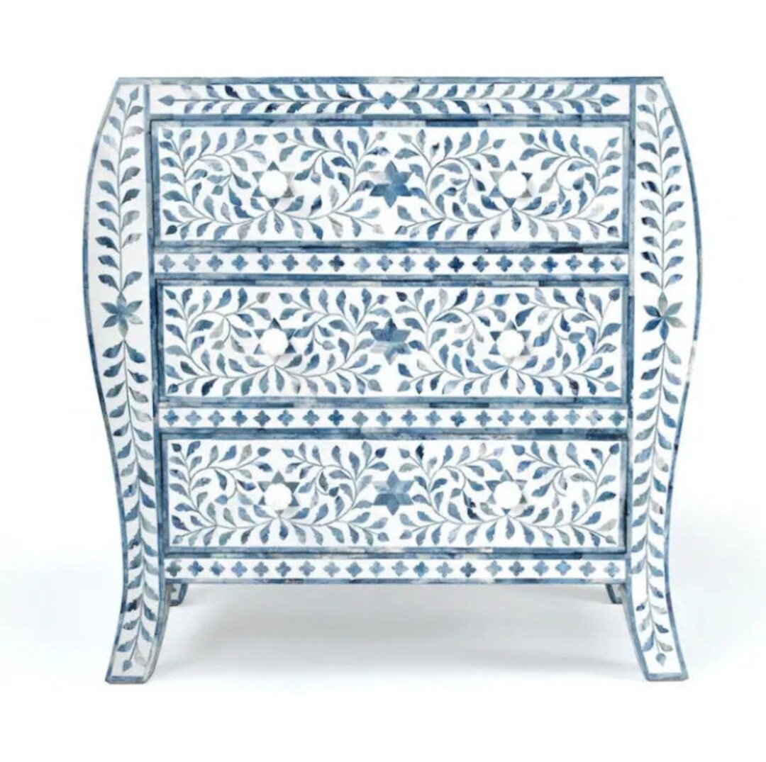 Bone Inlay Handmade Blue Color Bone Bedside Table, Three Drawers Night ...