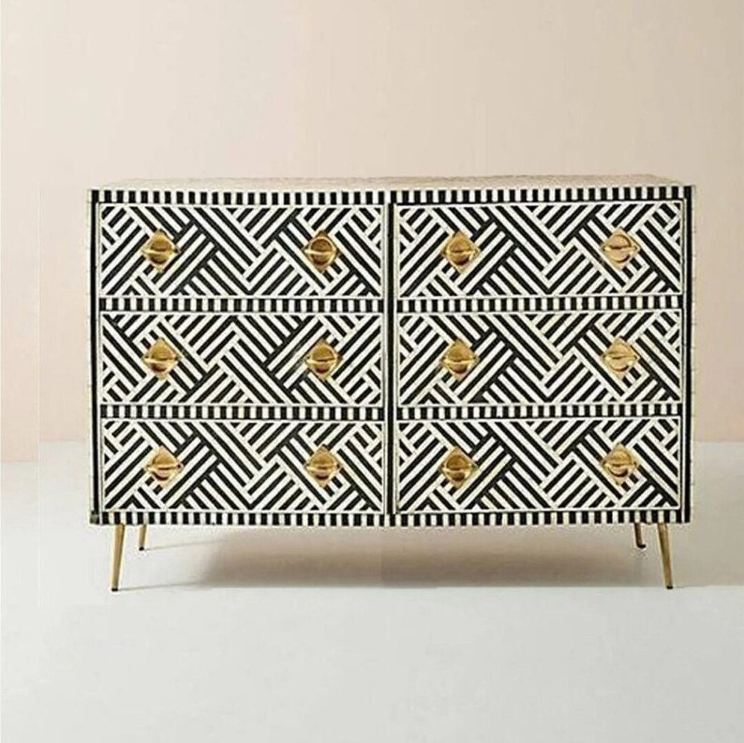 Handmade Bone Inlay Six Drawers Chest, Bone Inlay Black Storage Unit ...