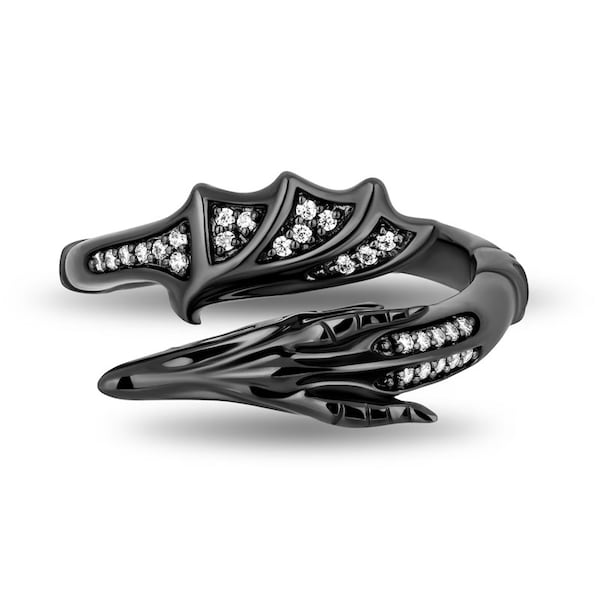 Enchanted Disney Villains Maleficent 1/8 CT Diamond Dragon Wrap Ring in Sterling Silver with Black Rhodium Antique Disney Evil Queen Ring