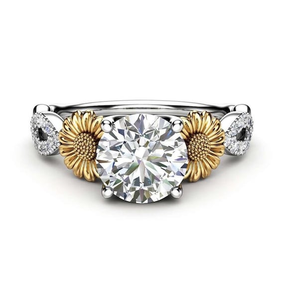 CT Round Diamond Sunflower Ring Flower Split Shank Engagement