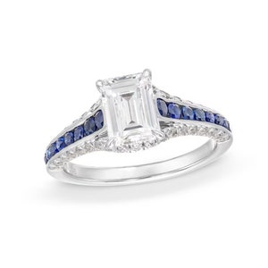 Vera Wang Love Collection 3/4 CT Emerald-Cut Diamond and Sapphire Engagement Ring in Sterling Silver Antique Emerald Ring Channel Bezel Set