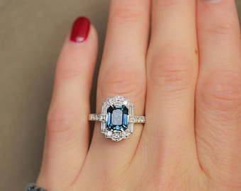 Retro 1890s Vintage Art Deco Style 2 Ct Emerald Sapphire & Diamond Halo Engagement Ring in 935 Argentium Silver Mid Century Ring Estate Ring