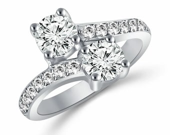 2 Ct Forever US Two Stone White Round Diamond Wedding Engagement Ring in 10K - 14K White Gold & 925 Sterling Silver Toi ET Moi Diamond Ring