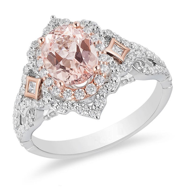 Bague de fiançailles enchantée Disney Aurora ovale avec morganite et diamants festonnés en or bicolore 14 carats sur argent sterling Bague romantique