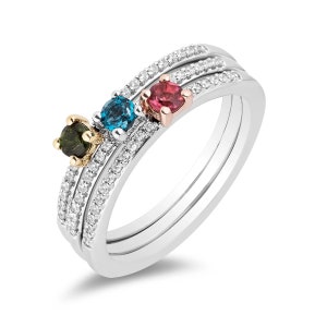 Enchanted Disney Aurora Inspired Diamond with London Blue Topaz and Pink and Green Tourmaline 3 Fairy God Mother Ring in 14K White Gold