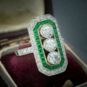 Anillo de compromiso con halo de esmeralda y diamantes de zafiro Art Deco en plata de ley Anillo vintage Art Deco antiguo Anillo victoriano Anillo eduardiano
