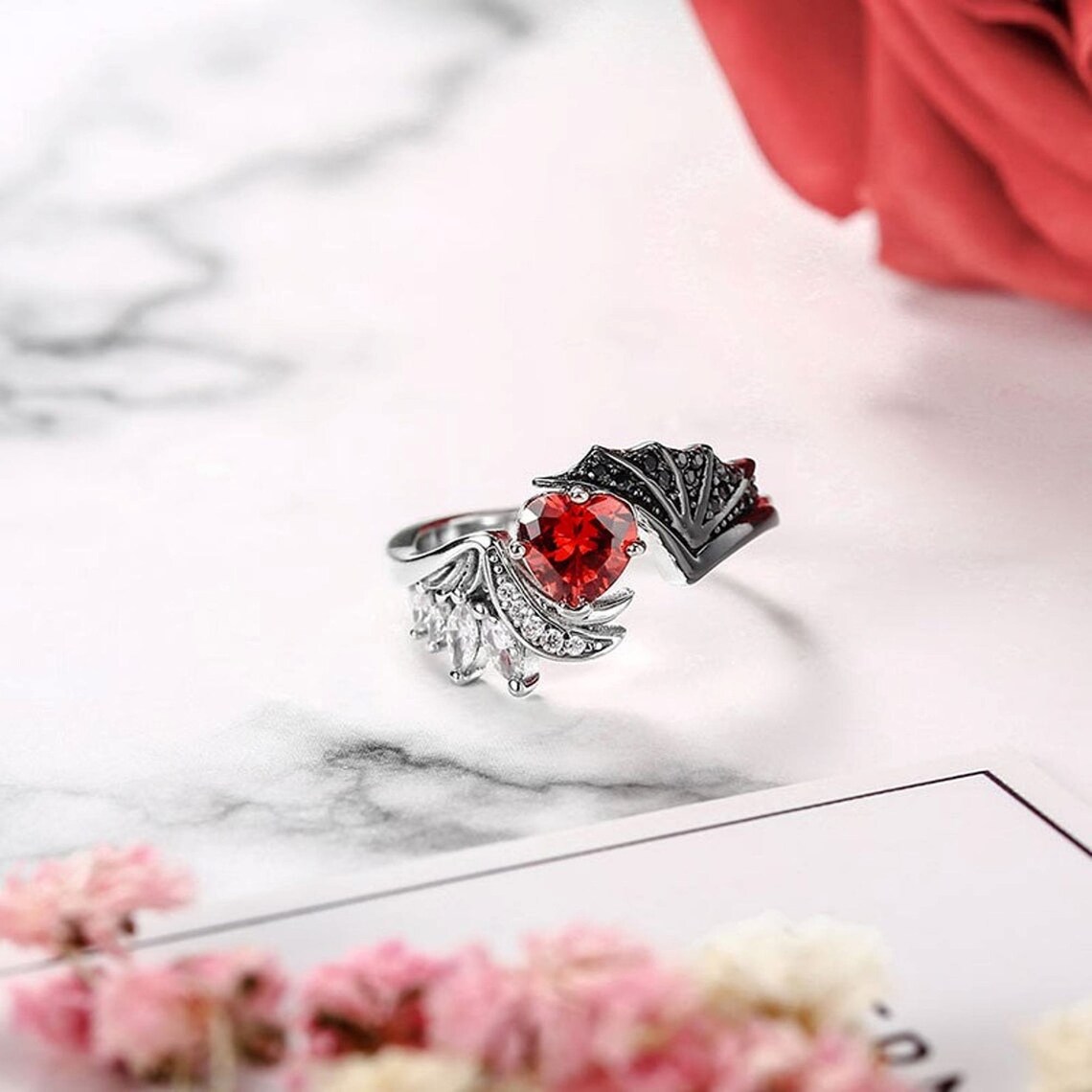 Angel Wing Ring With Devil Wing Ring Garnet Heart Inlaid Bypass Ring ...