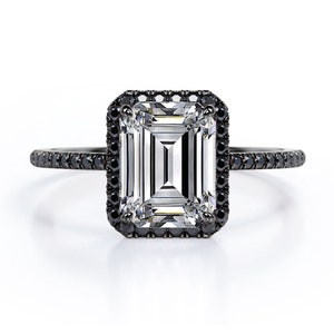 Exquisite 1 CT Emerald Diamond Halo Engagement Ring in Sterling Silver with Black Rhodium Finish Lovely Modern Propose Ring Anniversary Gift