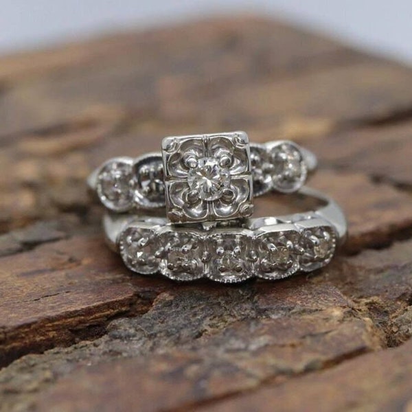 1950s Antique Art Deco 0.50 Ct Round Moissanite Engagement Ring Set Vintage-style Diamond Bridal Set Art Deco Illusion Diamond Wedding Set