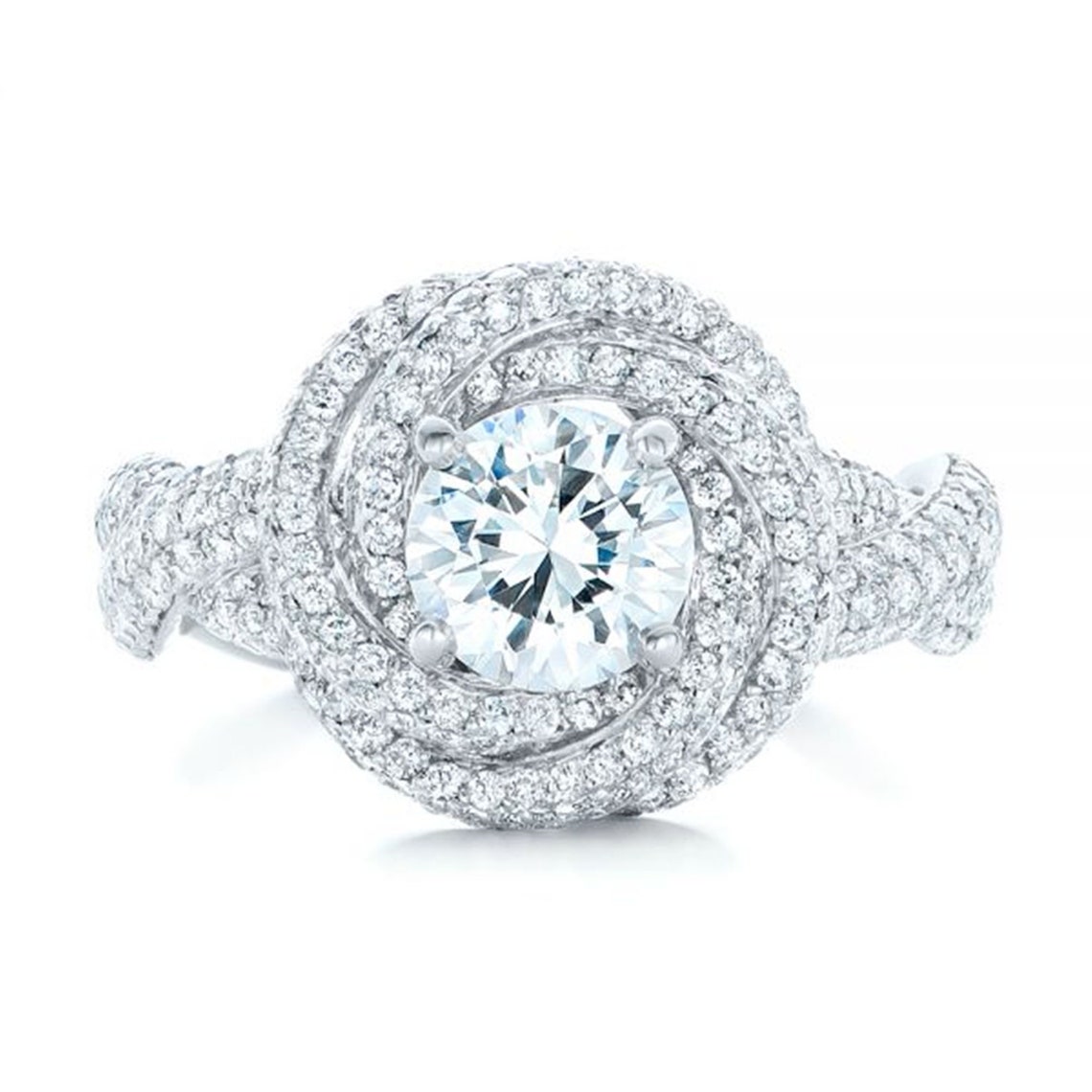 Edge Less Set 1.4 CT Round Brilliant Cut Diamond Prong Set Modern Knot Edgeless Pave ...