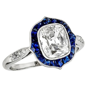 Vintage Classic Cushion Cut Old European Cut Diamond and Calibre Sapphire Art Deco Style Ring in Sterling Silver Estate Diamond Jewelry Ring