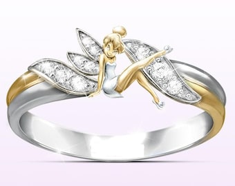 Betoverde Disney Tinker Bell Diamond Women Wing Angel Ring Fairy Tell Ring Hartverwarmende Schat Magische Ring Prachtige Ring Veelzijdig cadeau