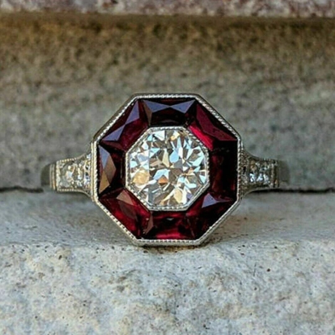 Antique Art Deco-style Ruby Target Ring Edwardian Old Mine Cut Diamond ...