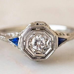 Belle bague de fiançailles Art déco antique Art déco ancienne bague en filigrane florale de diamants et de saphirs, bague édouardienne, bague halo victorienne