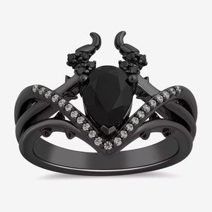 Enchanted Disney Fine Jewelry Black Onyx and Diamond Ring in Sterling Silver Black Rhodium Disney Villains Maleficent Ring Disney Horn Ring
