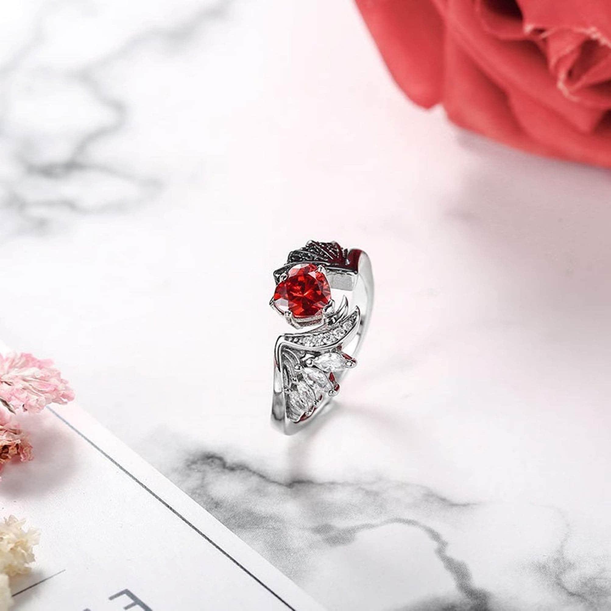 Angel Wing Ring With Devil Wing Ring Garnet Heart Inlaid Bypass Ring ...