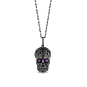 Verzauberte Disney Schurken Dr. Facilier Amethyst und schwarzer Diamant Anhänger Halskette in Sterling Silber Antiker Schädel Anhänger Gothic Anhänger