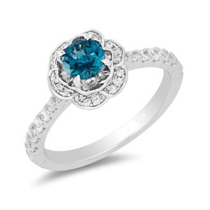 Enchanted Disney Cinderella Blue Topaz and Diamond Frame Engagement Ring in 925 Sterling Silver Unique Flower Halo Ring Ethnic Designer Ring