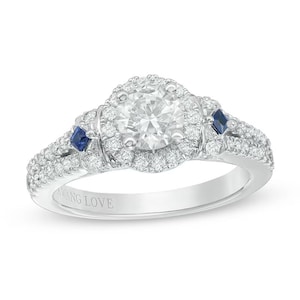 Vera Wang Love Collection 1.24 CT Diamond and Blue Sapphire Frame Engagement Rings Beautiful Round Diamond Rings Antique Half Eternity Ring