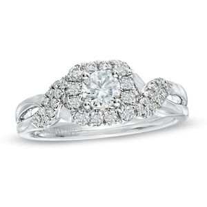 Vera Wang Love Collection 1 CT Round Cut Diamond Frame Twist Engagement Ring in 14K White Gold Moissanite Engagement Ring in Sterling Silver