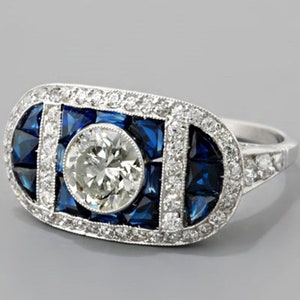 Vintage Art Deco Old Mine Cut Diamond and French Cut Sapphire Halo Engagement Ring in Sterling Silver Antique Art Deco Ring Mid Century Ring