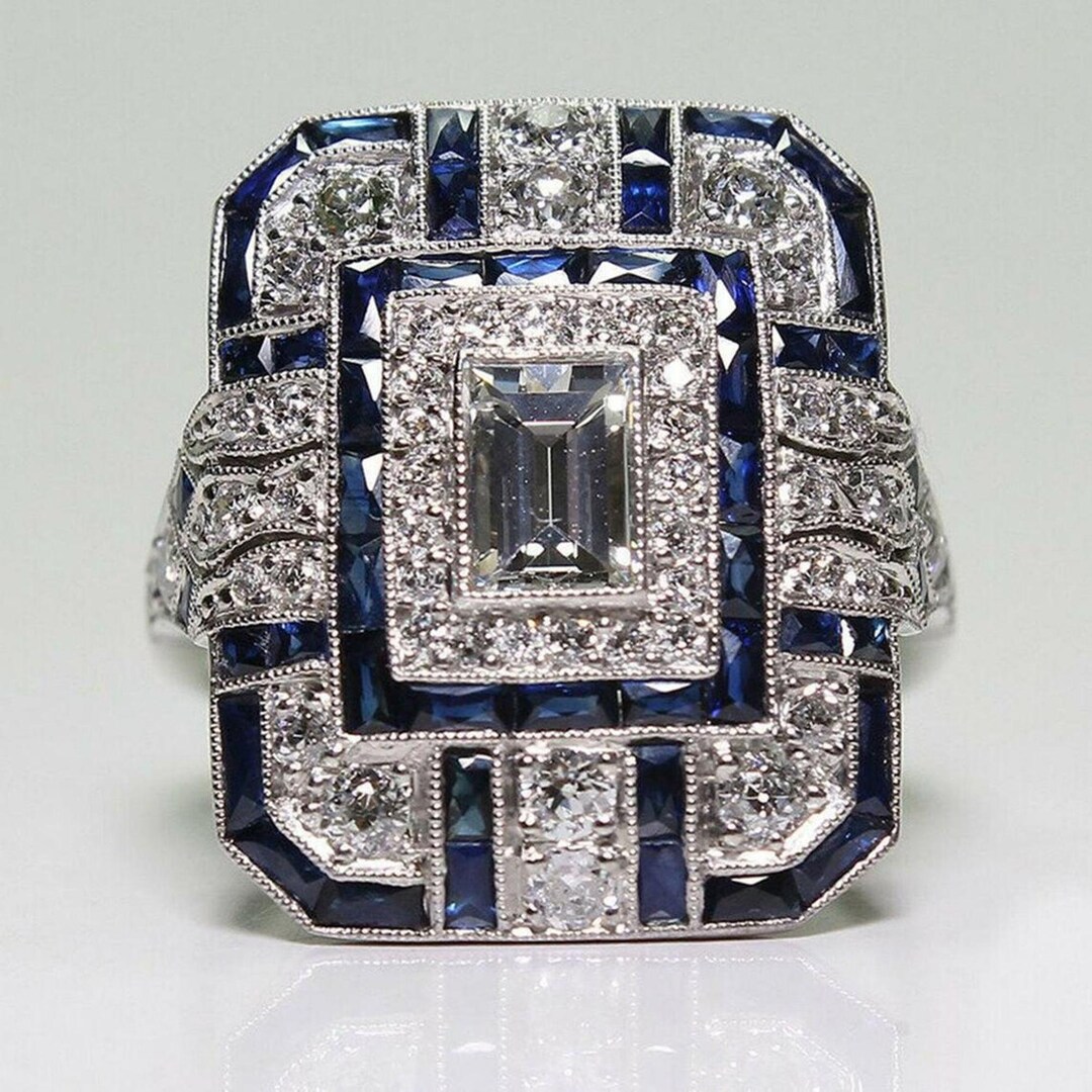 Classic Expensive Rings Antique Art Deco Large Victorian Ring in Sterling Silver Beautiful Blue ...