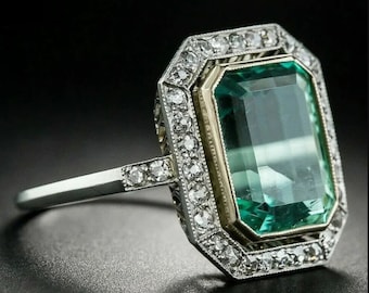 Art Deco 4.37 Ct Emerald and Diamond Vintage Style Halo Engagement Ring in 935 Argentium Silver Beautiful Large Emerald Ring Edwardian Ring