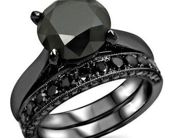 Round Brilliant Cut Black Diamond Bridal Set Luxury Wedding Band Solitaire Moissanite Engagement Rings in Sterling Silver with Black Rhodium