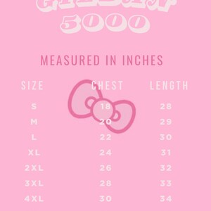 May include: Size chart for Gildan 5000 t-shirts, showing chest and length measurements in inches for sizes S through 5XL.