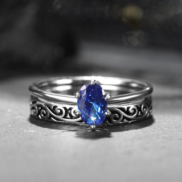 Bague saphir, bagues en argent sterling 925, saphir bleu, ensemble de bande de mariage de sculpture vintage, bande d'empilage, bagues d'empilage demi-éternité