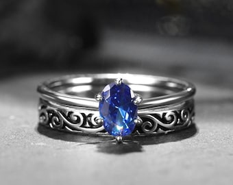 Anello zaffiro, 925 anelli d'argento sterlina, zaffiro blu, set di fedi nuziali intagliate vintage, fascia impilabile, anelli impilabili mezza eternità