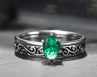 Emerald Ring, 925 Sterling Silver Rings, Green Emerald, Vintage Carving Wedding Band Set, Stacking Band, Half Eternity Stacking Rings